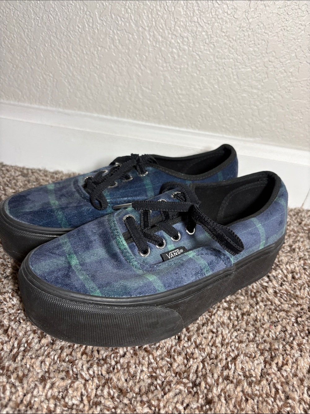 Vans Blue and Green Plaid Platform Lace-Up Sneakers